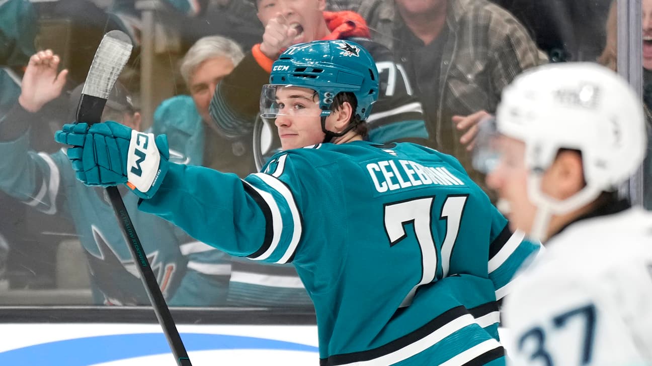 Macklin Celebrini action shot